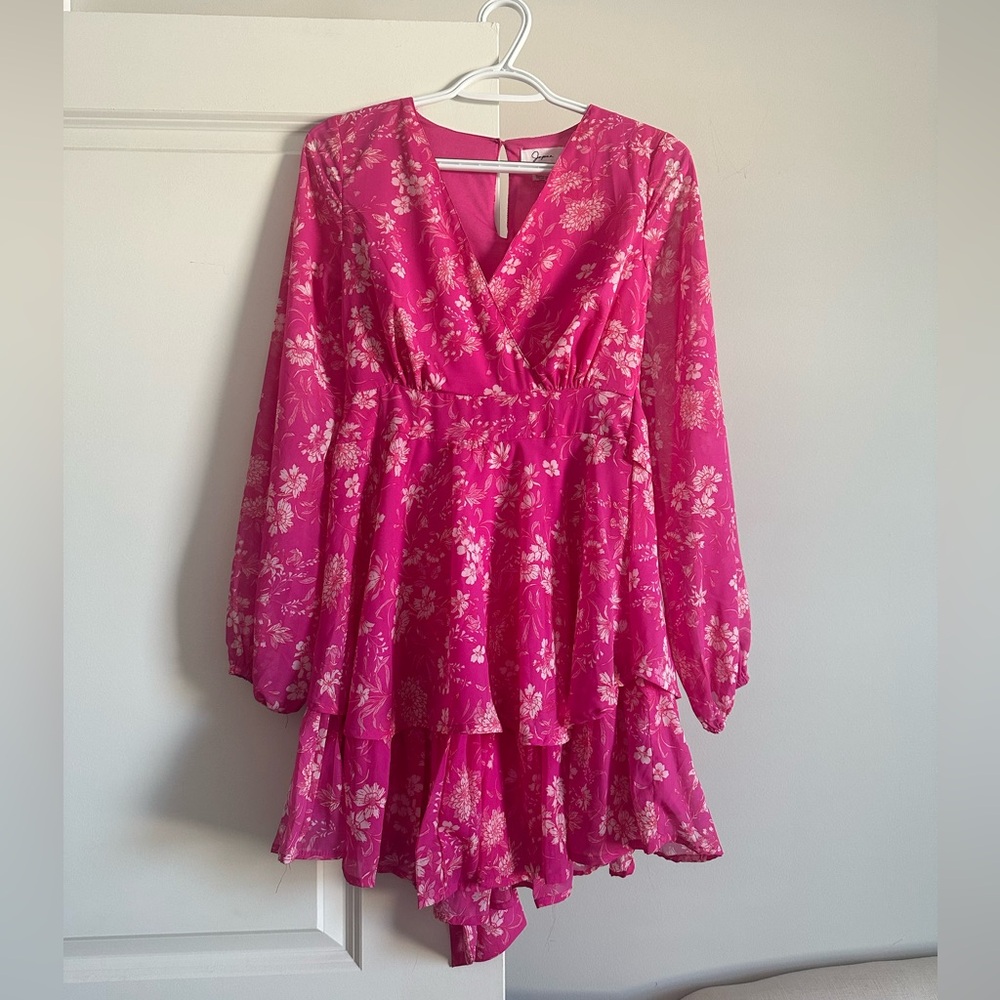 Japna Long Sleeve Mini Dress, Pink Floral Ruffle Tie Waist Smocked, Small